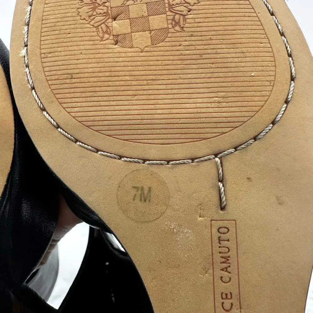 Vince Camuto Black Leather Wood Wedge Peep Toe Slides Sandals‎ Womens Size 7M - Picture 7 of 7